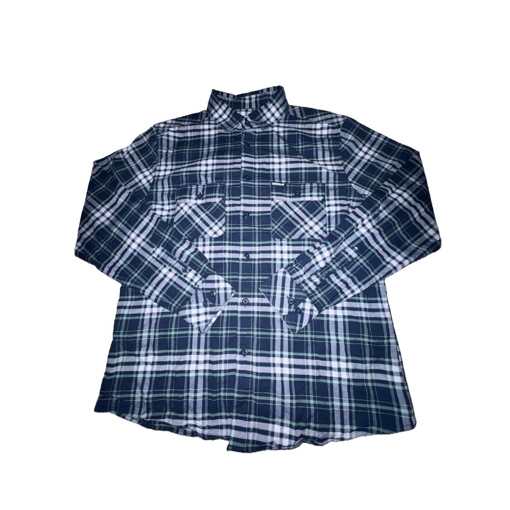 Caterpillar Shirt Mens Large Blue Green Plaid Flannel Long Sleeve Button Up